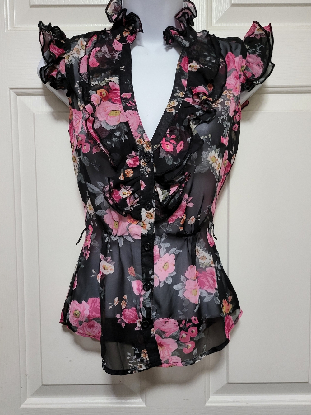 Ruffled Sheer Floral Blouse - Black & Pink